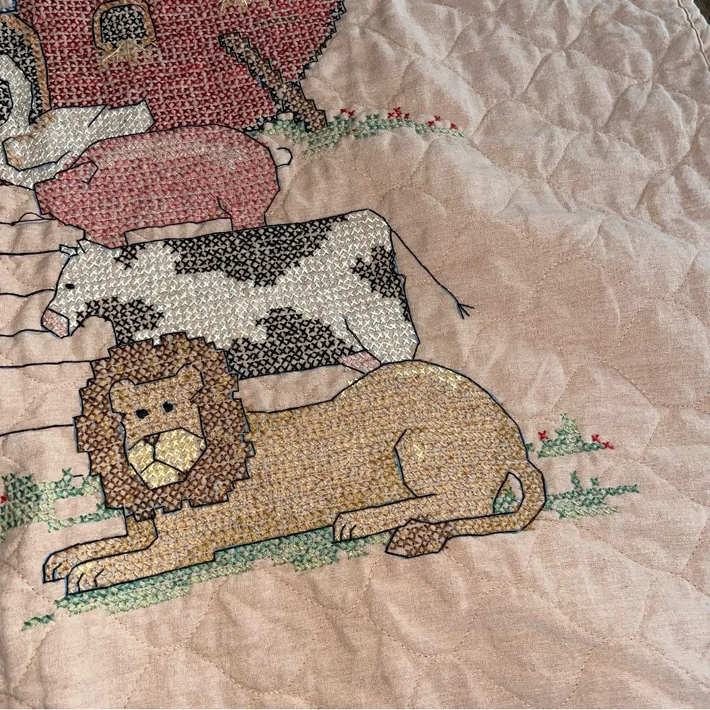 Handmade Baby Quilt Noah's Ark Cross Stitch Vintage 37”x 28” Fleece Lined.